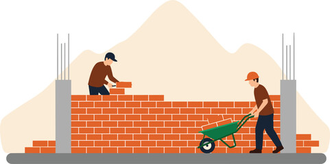 Flat vector illustration of construction workers building a brick wall and using a wheelbarrow on a building site for masonry and industrial designs. © Sujon Shah