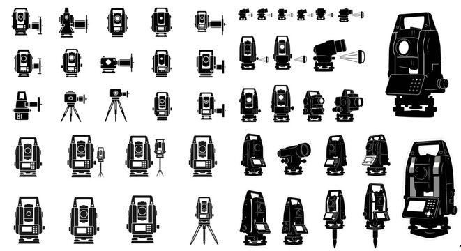 Detailed Total Station and Theodolite Black Silhouettes Icon Set,  A set of detailed black silhouettes showing different views and types of total stations and theodolites used in surveying