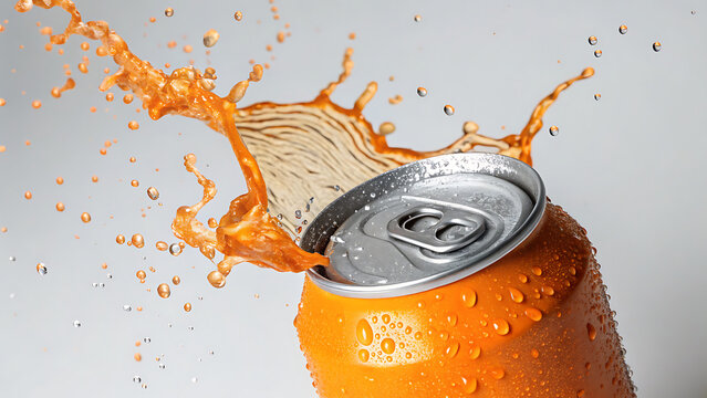 Orange Soda Can Splash High Speed Photograph, Refreshment Beverage Explosion