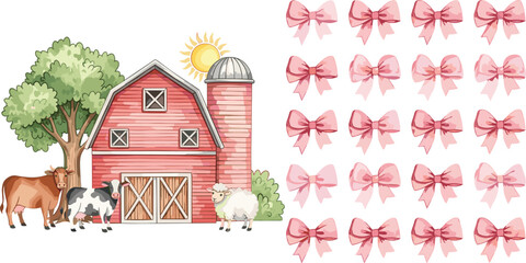 Watercolor red barn farm landscape with cute cows and sheep plus pink ribbon bow set for nursery decor baby shower and girly stationery. © Sujon Shah