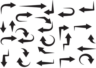 Assortment of black arrow icons and symbols in various styles, shapes, and directions for design and navigation purposes.