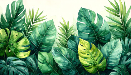 Tropical leaves and lush foliage in a vibrant nature scene with diverse plants and greenery