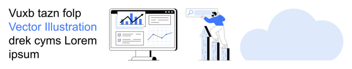 Data visualization, cloud technology, business analytics, teamwork, workflow management, information sharing. Analytics dashboard with charts and person working near cloud. Data visualization © robu_s