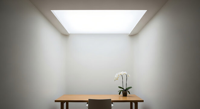 Minimal lightwell home office with desk under diffused light from above