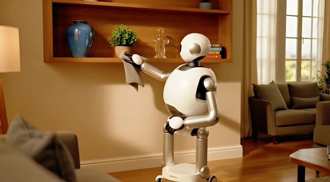Humanoid Robot Cleaning and Dusting a Wooden Shelf in a Modern Living Room