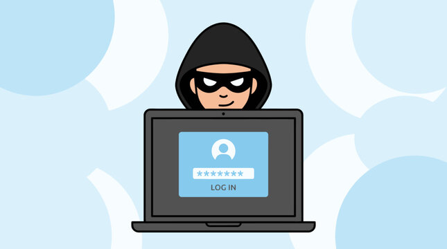 Hacker Stealing Data from Laptop Login Screen - Cyber Security Threat, Identity Theft & Digital Privacy Concept