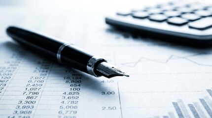 Fountain pen on financial report with calculator in background for business and accounting concept
