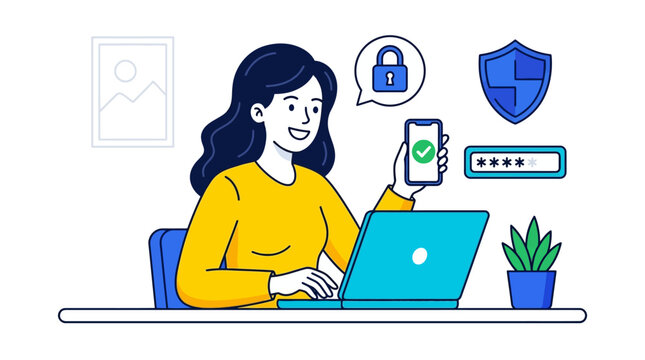 Woman Managing Online Security with Laptop and Smartphone, Illustrating Secure Authentication, Data Protection, and Digital Privacy
