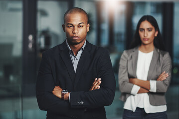 Fototapeta premium Crossed arms, serious and portrait of business man in office for finance team, about us and company pride. Professional, investment startup and workers for partnership, confidence and career growth