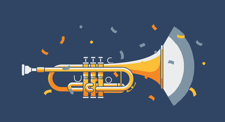 Vibrant Trumpet Illustration with Confetti Surrounding. © Saputra