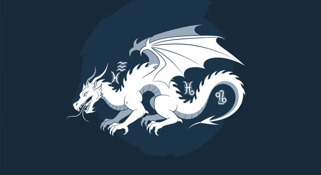 White Dragon Illustration with Wings Outstretched.