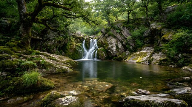 Serene waterfall cascading into a tranquil forest pool surrounded by lush greenery and mossy rocks in a natural landscape