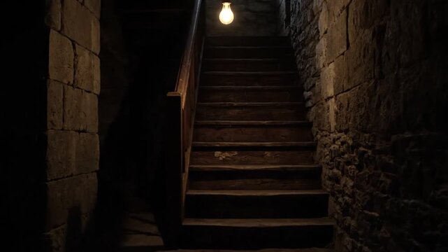Ancient stone staircase in a dark castle corridor leading upward toward light through an old doorway window