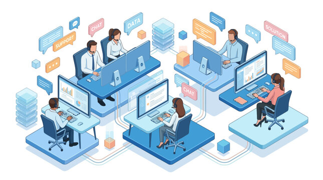 Isometric Customer Service Call Center Illustration. Global Online Support, Chat, and Data Solutions Team Working at Computers.