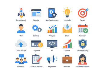 Collection of business icons representing technology and productivity concepts in a grid layout icon