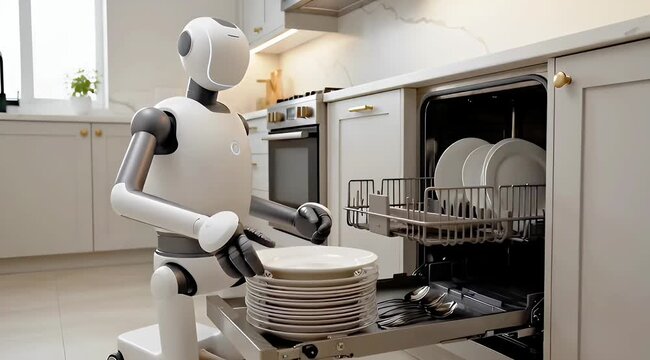 Humanoid Robot Assistant Loading Dishes into an Open Dishwasher in a Modern Kitchen