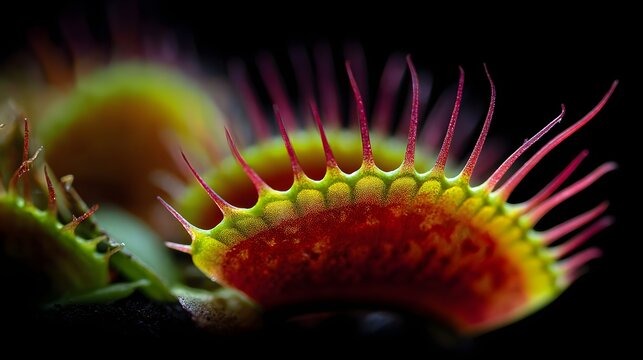 Close up of a venus flytrap with sharp trigger hairs and a red interior on a dark background