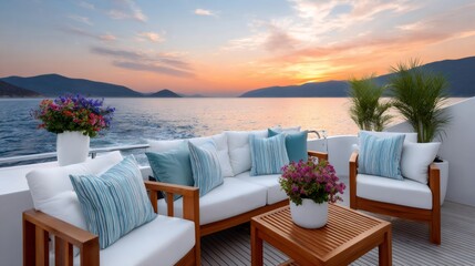 Fototapeta premium Luxury yacht deck cruising at sunset on ocean