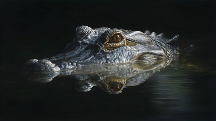 Naklejka premium Hyper realistic portrait of an alligator or crocodile floating in dark water with reflection