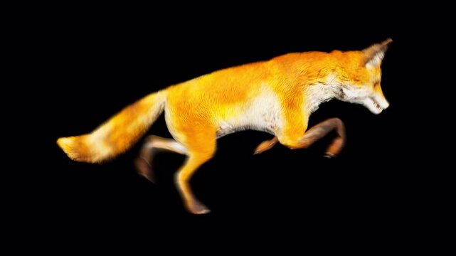 A vibrant orange fox with white and black markings gracefully leaps across a dark, isolated background, captured in a dynamic, high-speed video clip. isolated on Transparent Background