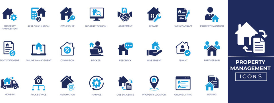 Property management icon set for real estate, rent, contract, deal, document, finance, inventory, investment, and facility service symbols. Solid vector icon collection.