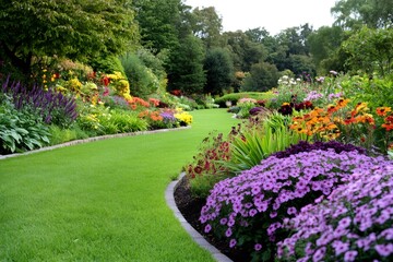 Obraz premium Lush garden path winding through colorful flowerbeds