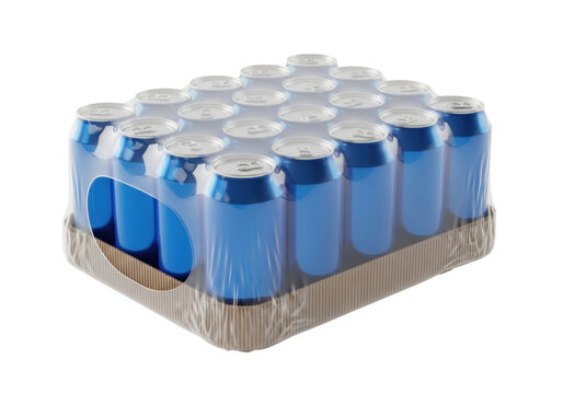 hyper-realistic product photography render of a 24-pack of vibrant cobalt blue beverage cans sealed in clear plastic wrap, against a sterile white cyclorama. concept for beverage packaging integrity