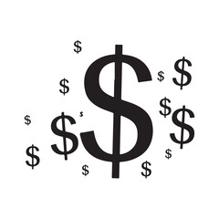 Black dollar signs on white background  various sizes of dollar symbols floating around a large dollar sign