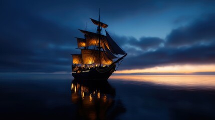 Obraz premium A large ship sails in the ocean at night. The sky is dark and cloudy, and the water is calm. The ship is the main focus of the image, and it is a pirate ship