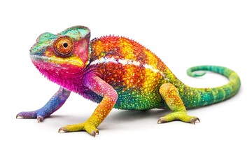 Fototapeta premium A vibrant chameleon with colorful skin is standing on a white background