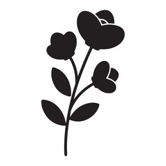 Black silhouette of a flower stem with leaves and flowers on white background