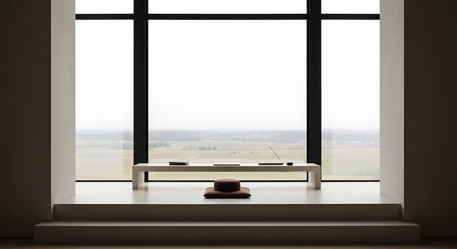 Minimal split-level home office with desk on platform by floor-to-ceiling window
