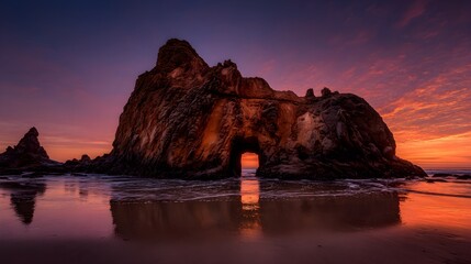 Rocky sea arch at sunset with vibrant purple and orange hues reflecting on wet sand beach