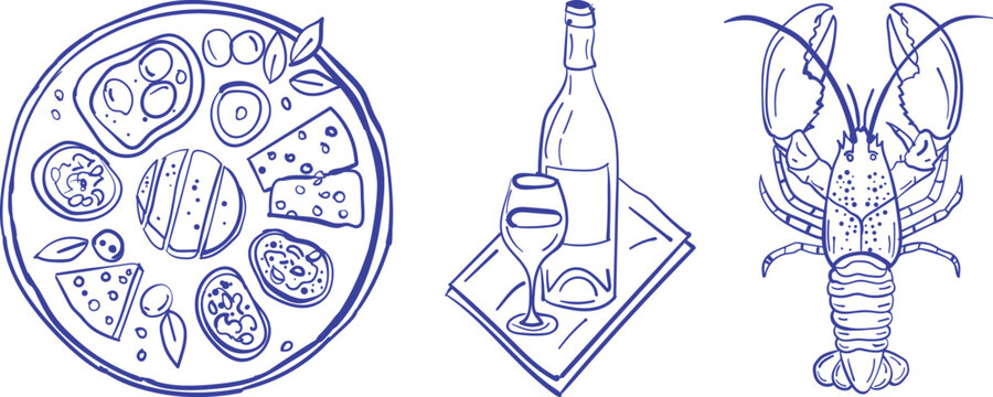 Dolce Vita poster set with Italian holiday outline sketches, Italian summer Dolce Vita cards collection. Seafood, wine, lobster and coastal elements in scribble outline flat vector style