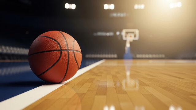 A basketball sitting on the sideline of a court