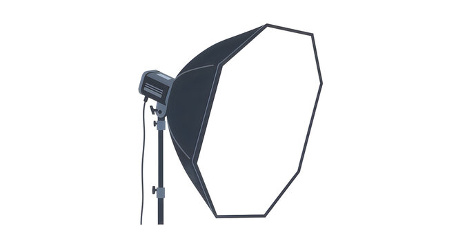 Modern black and silver octagonal pop-up flash diffuser reflector for photography lighting isolated on transparent background