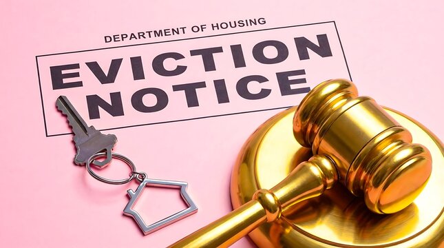 Eviction notice with house key and judge gavel housing legal crisis concept