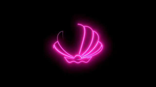 Scallop shell icon. Shellfish delicacy silhouette in thin lines minimalist style, emblem for the menu of the seafood restaurant. Neon glowing.