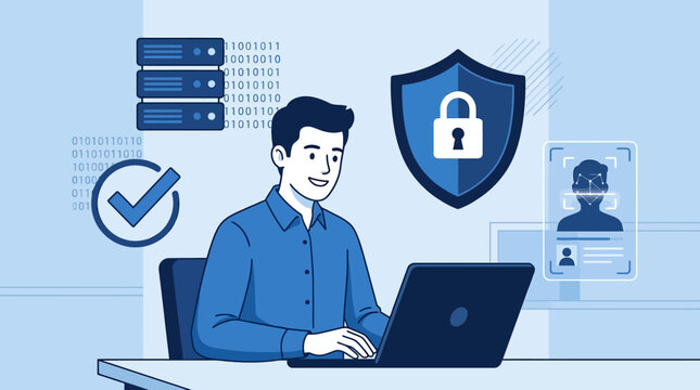Secure Digital Experience: Man Managing Cybersecurity, Data Protection & User Authentication with Advanced Biometric Systems