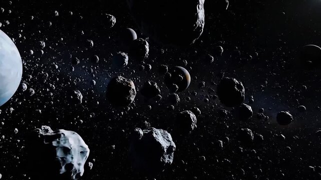 Dense asteroid belt field with varied rock textures floating and moving in dark deep space universe animation