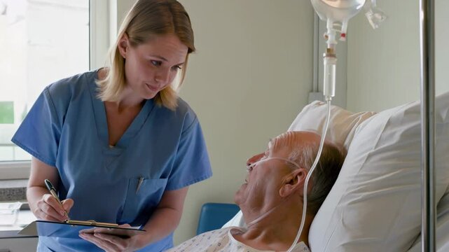 Compassionate nurse checking on an elderly patient in a hospital recovery unit, taking notes while engaging in conversation