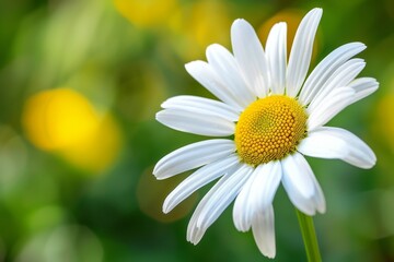 Obraz premium Close-up of wild Shasta daisy in bloom with soft green bokeh garden background. Bright natural sunlight, crisp white petals and vibrant yellow center in fresh spring meadow atmosphere.