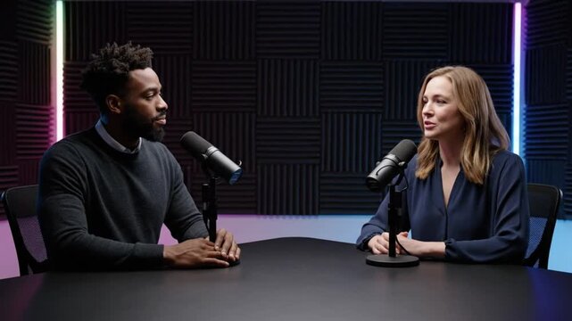 Ultra realistic front view video of two podcast hosts speaking confidently in modern studio bright controlled lighting softbox key illumination LED rim lights subtle RGB accent glow matte black desk w