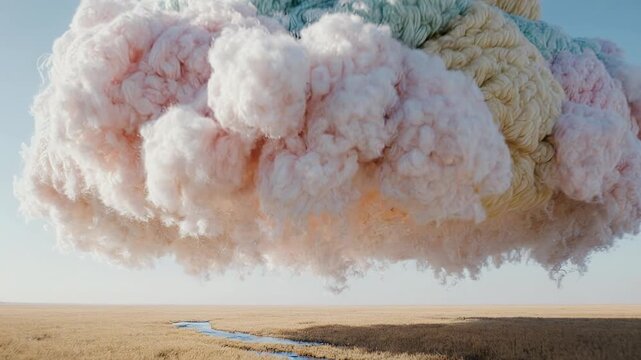 Surreal Pastel Knitted Yarn Cloud Floating in Blue Sky