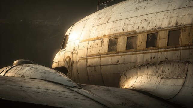 Close view of the weathered, aged fuselage of an abandoned vintage airplane, highlighting textures of decay and past journeys.