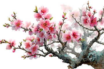 Obraz premium Oriental peach tree branch with vibrant pink flowers watercolor illustration isolated on transparent background perfect for traditional asian art themes and spring season botanical projects