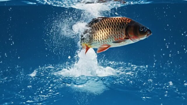 A fish jumping out of the water caught on a fishing hook in a serene aquatic environment viewed from the side