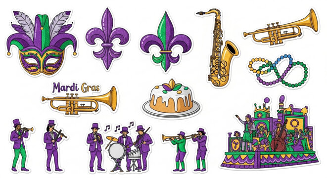 Mardi gras celebration icons with purple and green fleur de lis masks jazz band cake and parade float on white background