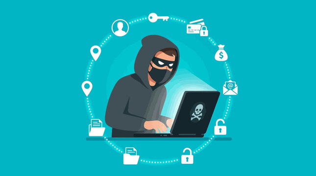 Cybercrime & Data Breach: Hacker on Laptop Stealing Personal Information & Financial Data. Digital Security Threat & Identity Theft Concept.