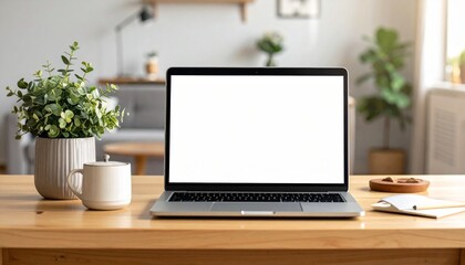 Fototapeta premium A close-up of a laptop with a white screen on a wooden table, accompanied by decorative items in a cozy living room